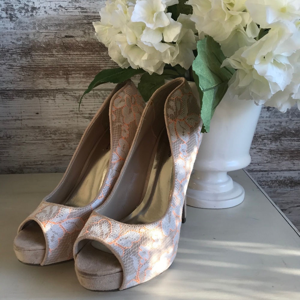 Nude, White & Neon Orange Lace Pump Heels